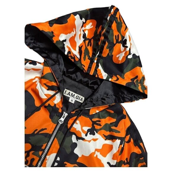 I AM GIA Luxury Designer Streetwear Orange Camo Full Zip Bomber Jacket Small - Picture 2 of 5